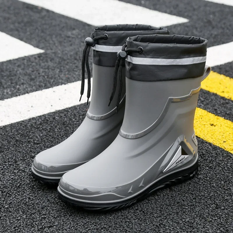 الرجال صوف مبطن مقاوم للماء المضادة للانزلاق في الهواء الطلق أنبوب قصير أحذية ماء الكورية نمط جولة تو المواد البلاستيكية كعب مسطح احذية المطر #3