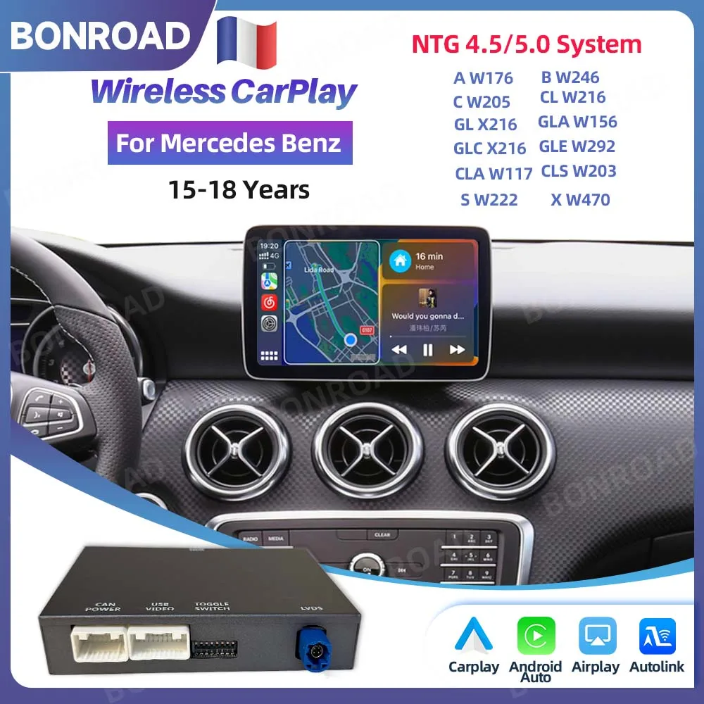 BONROAD Kit di aggiornamento wireless per CarPlay e Android Auto per Mercedes Benz A B C E CLA CLS GLA GLC GLK SLK ML con sistema NTG4.5/4.7/5.0, MirrorLink, BT, GPS e modulo interfaccia di