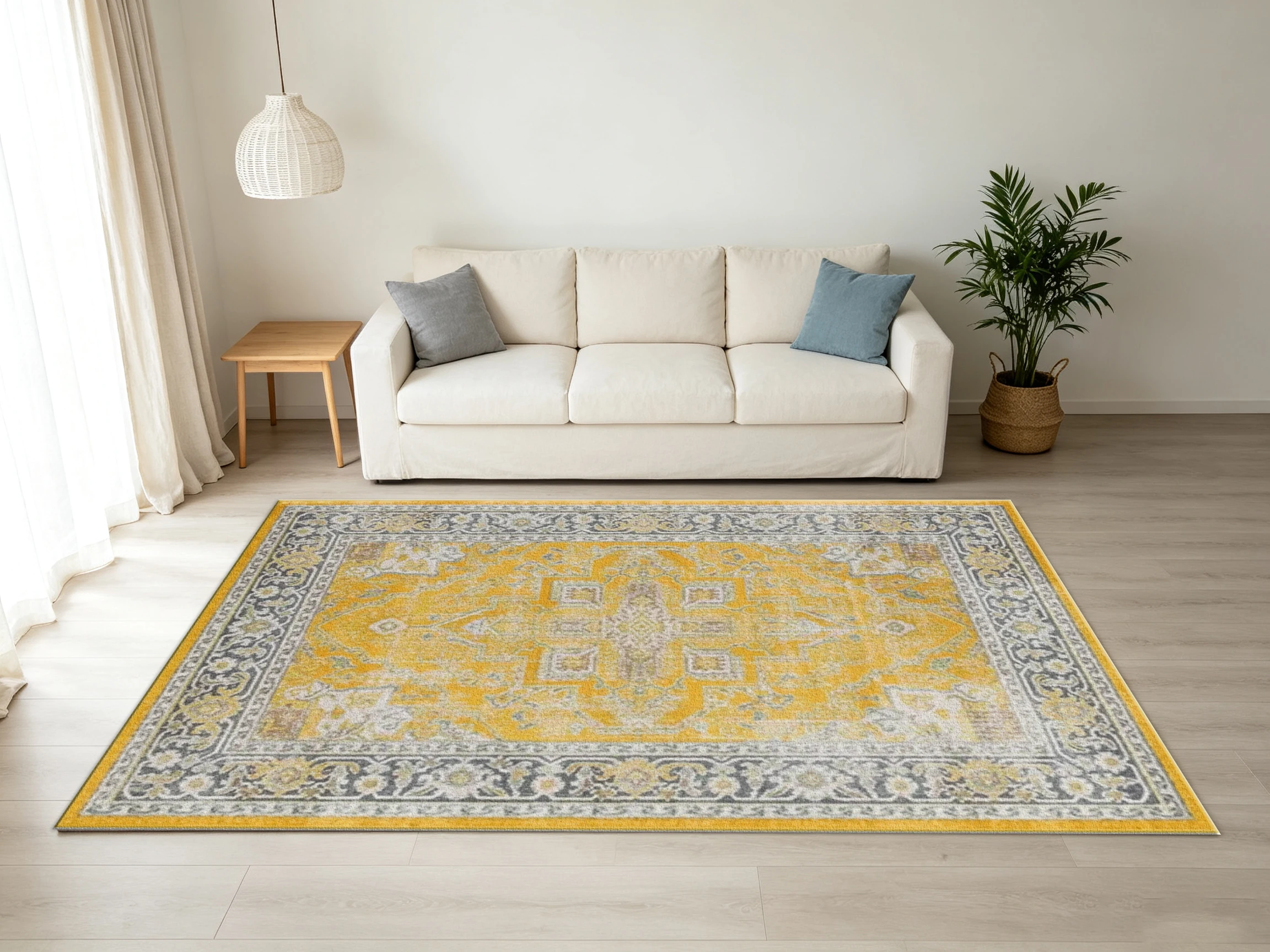 Bright Yellow Vintage Oriental Square Carpet Flooring Distressed Medallion Floral Rug for Home Space