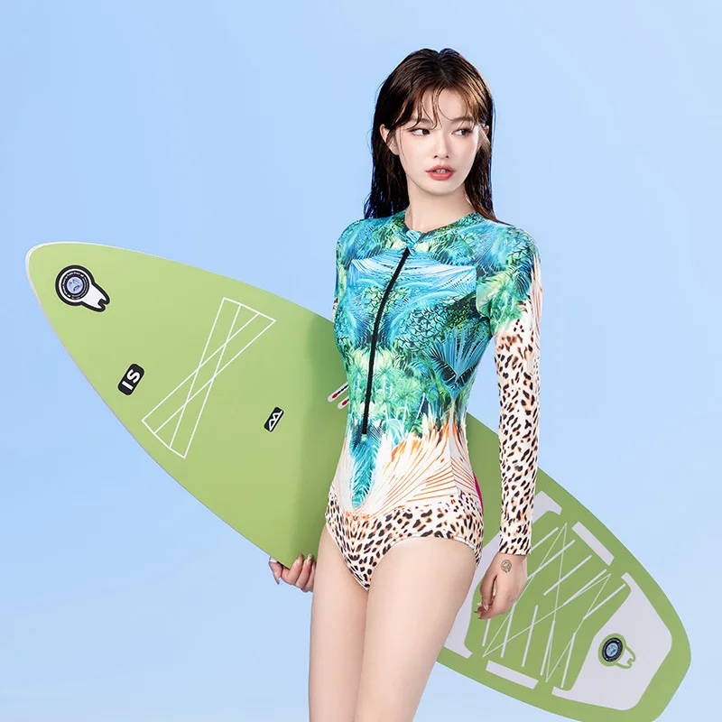 Women One Piece Nylon Water Sports Surfing Beach SwimWear Lady Sexy Long Sleeve Front Zipper Bathing Push Up Athletic SwimSuit