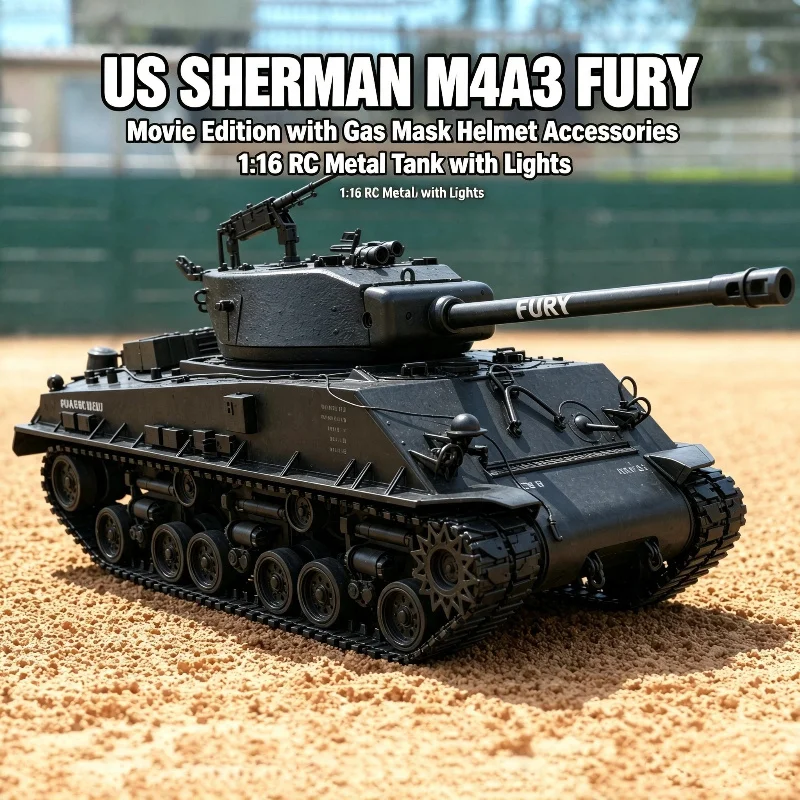 New Coolbank 1:16 US SHERMAN M4A3 FURY Movie Version Remote Control Metal Heavy RC Tank Model With Gas Mask Helmet And Lights