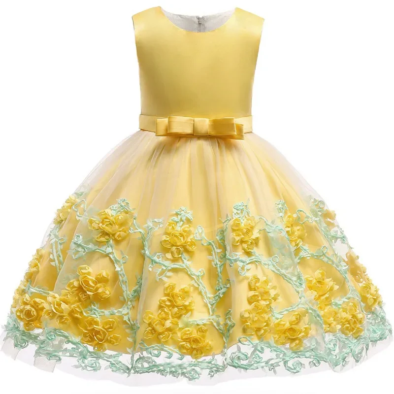 

Yellow Sleeveless Flower Girl Dress Tulle Skirt with Green Floral Embroidery Bow Belt Kids Wedding/Party Pageant Gown