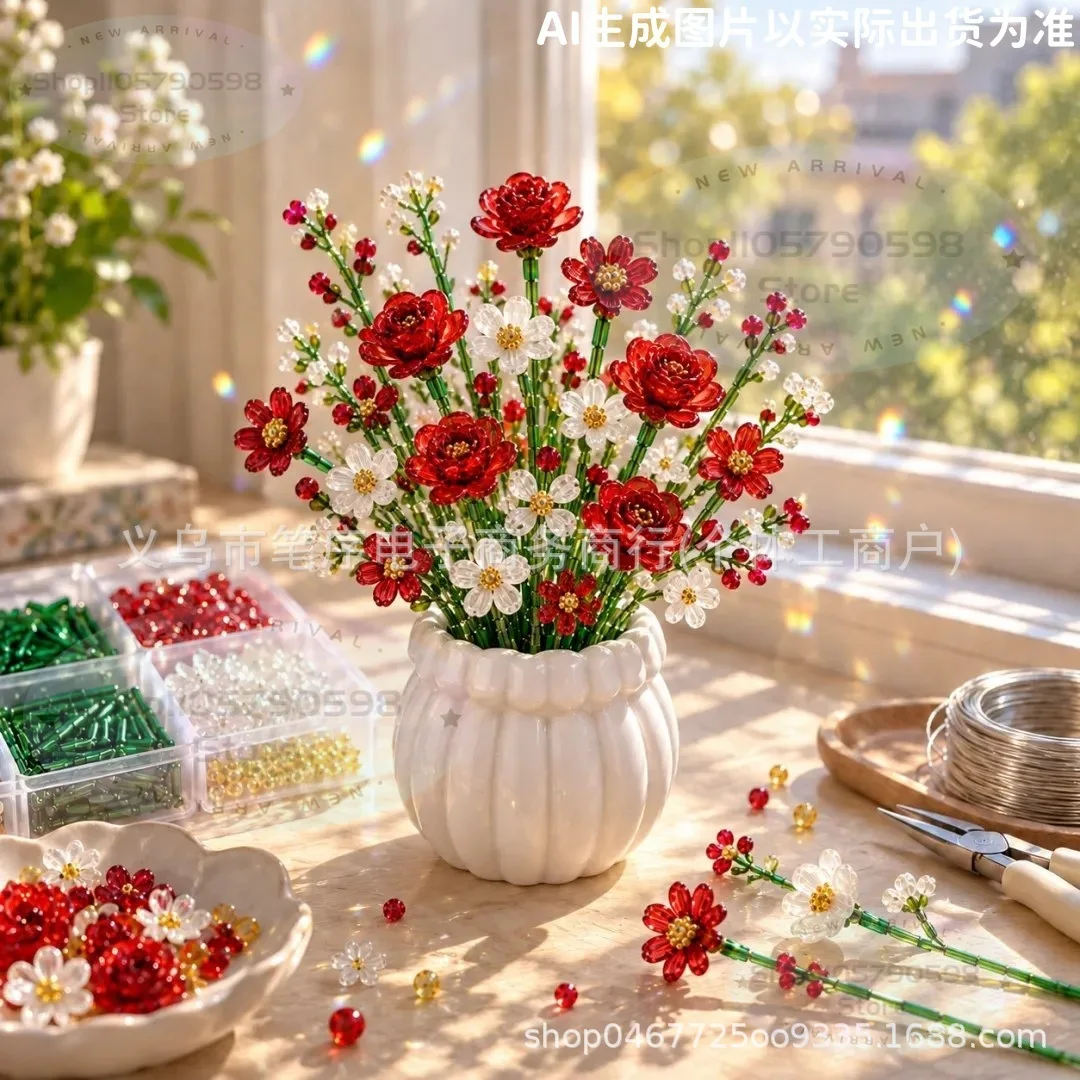 Kit para crear un ramo de flores silvestres con cuentas, un set de manualidades con flores de estilo cristal y cuentas, alambre flexible y maceta tipo bonsái para decorar el hogar.