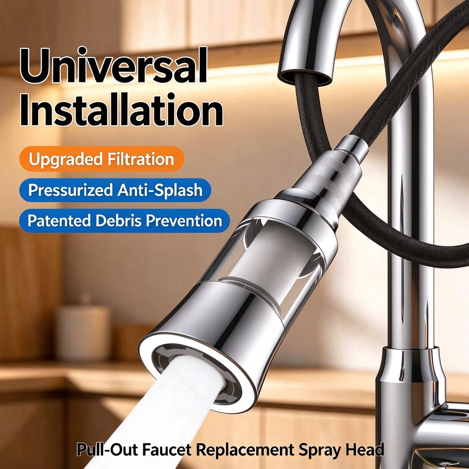 Kitchen Sink Pull-out Faucet Stainless Steel Filter Replacement Head Universal Rotating Anti-splash Faucet Extender Sprayer