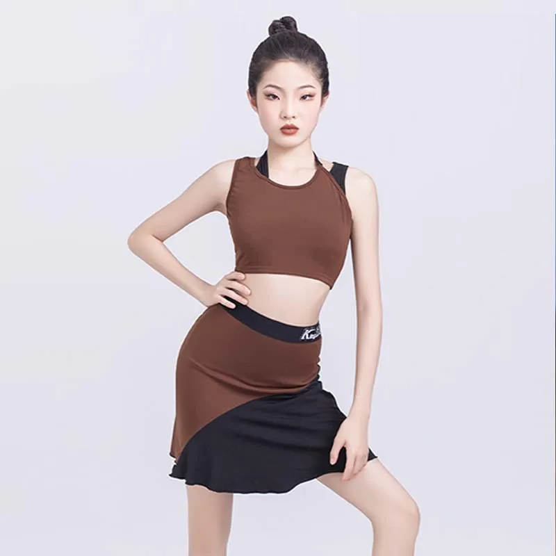 

Summer Latin Dace Costume Girls Dance Suit Training Practice Clothes Kids Dancer Costume Brown Tank Top Splicing Skirt AMY550