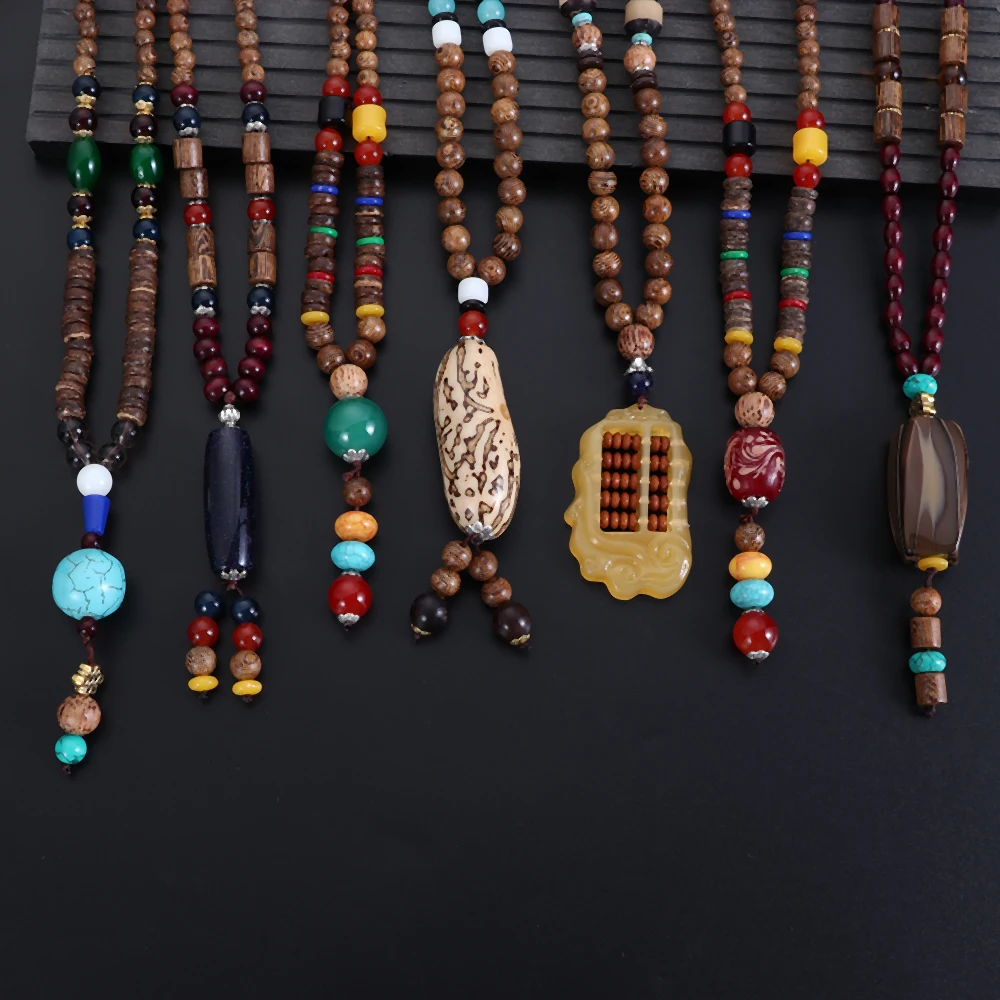 Handmade Nepal Necklace Buddhist Mala Wood Beads Pendant  Necklace Ethnic Geometric Long Strand Jewelry Hot Sale