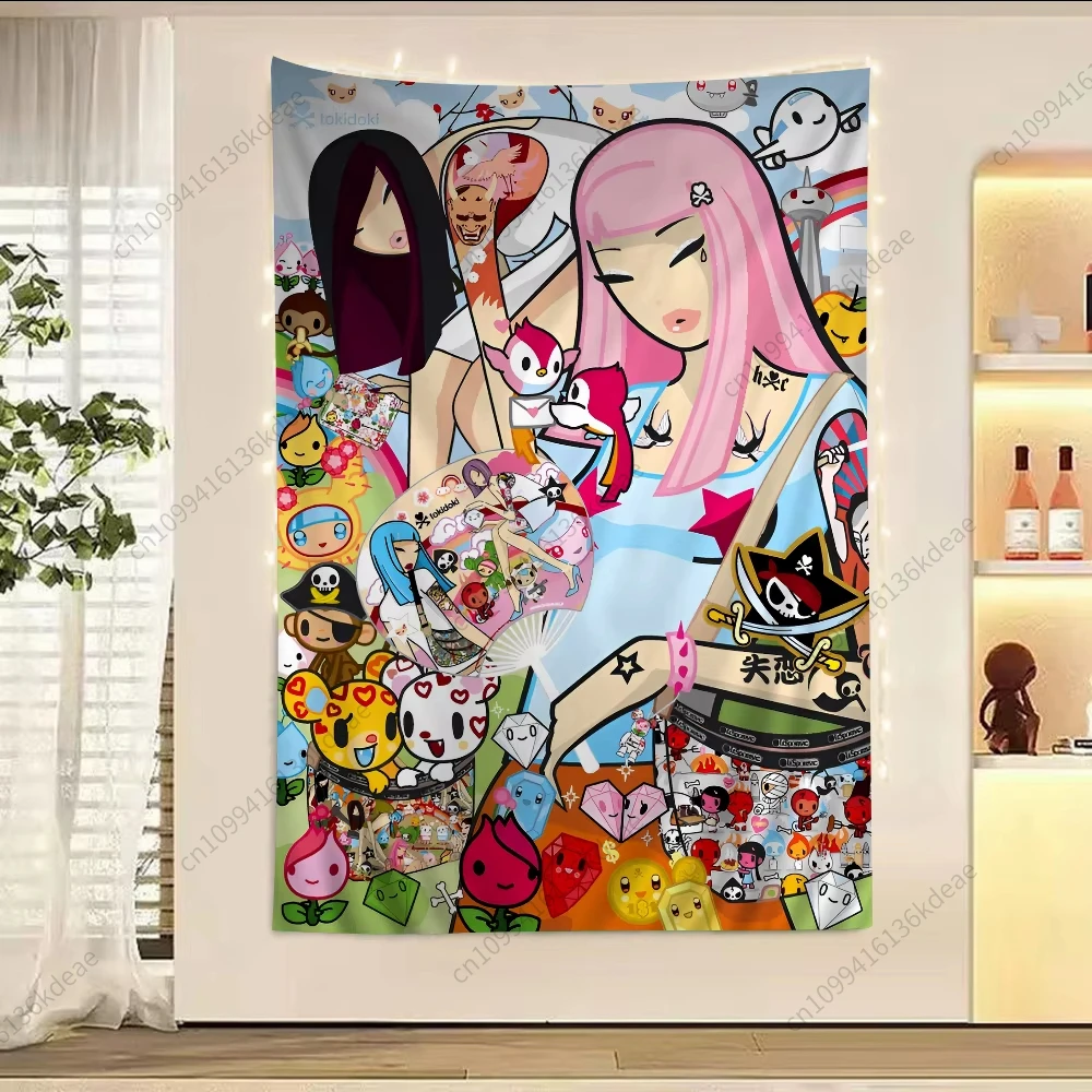 Kawaii Anime Wandteppich T-Tokidoki Große bedruckte Wandteppiche Flaggen Niedliche Raumdekoration Hintergrund Stoff Teenager Zimmer Home Decor