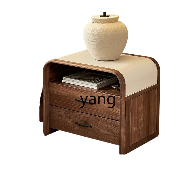 

LH Full Solid Wood Bedside Table Bedroom Black Walnut Side Cabinet Saddle Leather Veneer Locker