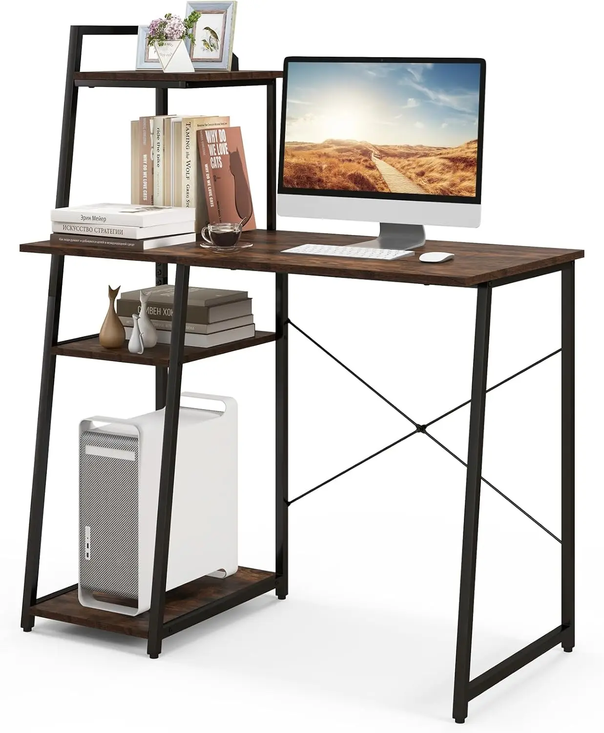 

Computer Desk with 4-Tier Storage Shelves, Home Office Desk Writing Table with Sturdy X-Shape Frame