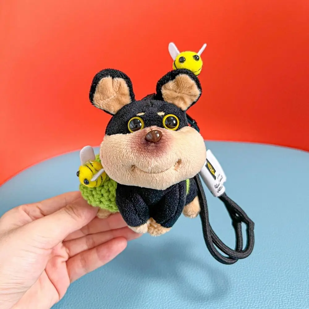 3D Cartoon Bee Dog Doll Keychain with Hat with Apron Bee Puppy Bag Pendant Plush Cute Bee Dog Keyring Car Accessories