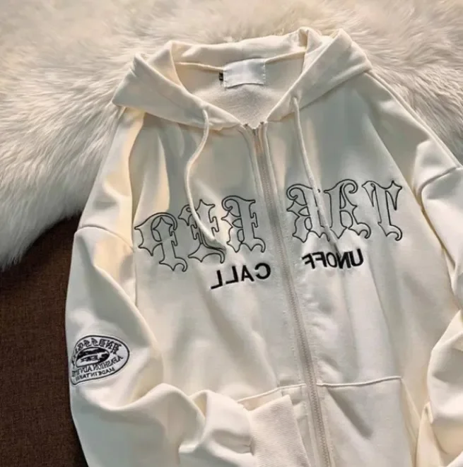 

... European and American retro alphabet embroidered hooded pockets loose casual sweater cardigan jacket