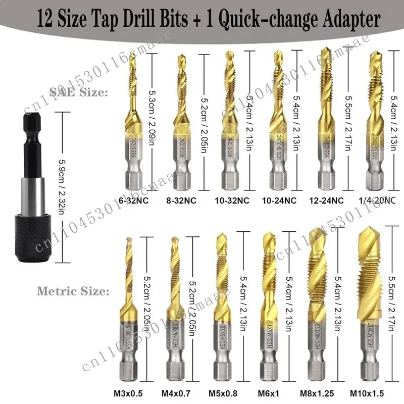 NEW A21I-Drill Tap Set With Quick-Change Adapter Of 13Pcs, 6 SAE Sizes, 6 Metric Sizes, Combination Drill And Tap Set