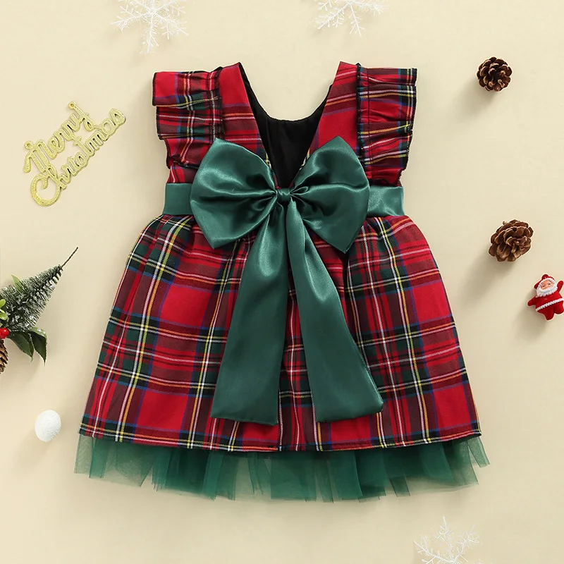 

Baby Girl Holiday Dress Long Sleeve Velvet Bowknot Round Neck Plaid Print Dress with Ruffle Detail