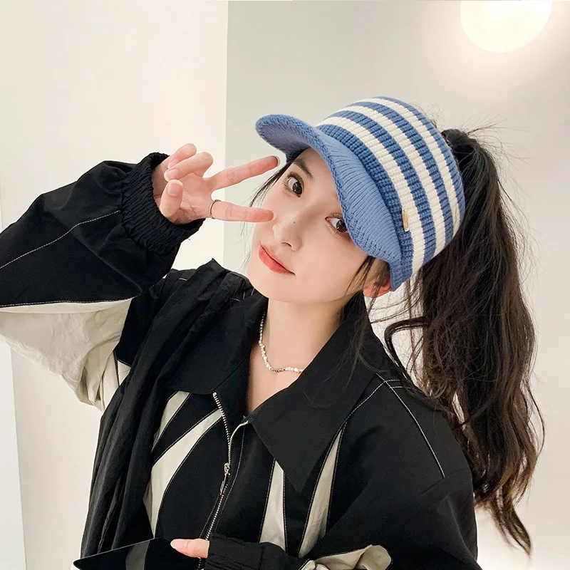 2022 New Winter Hat for Women Empty Top Baseball Caps Fashion Stripe Female Autumn Warm Casual Visor Caps Outdoor Sports Hats