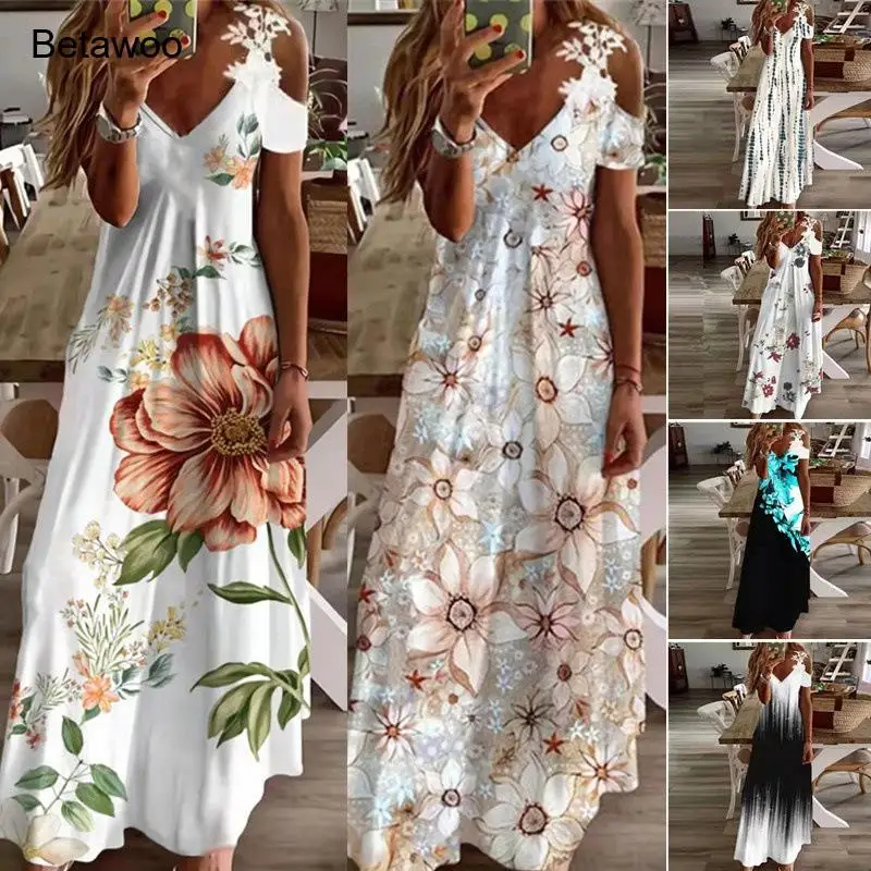 

Betawoo Womens Floral Print Cold Shoulder Lace Trim Maxi Dress Boho Vacation Long Dress