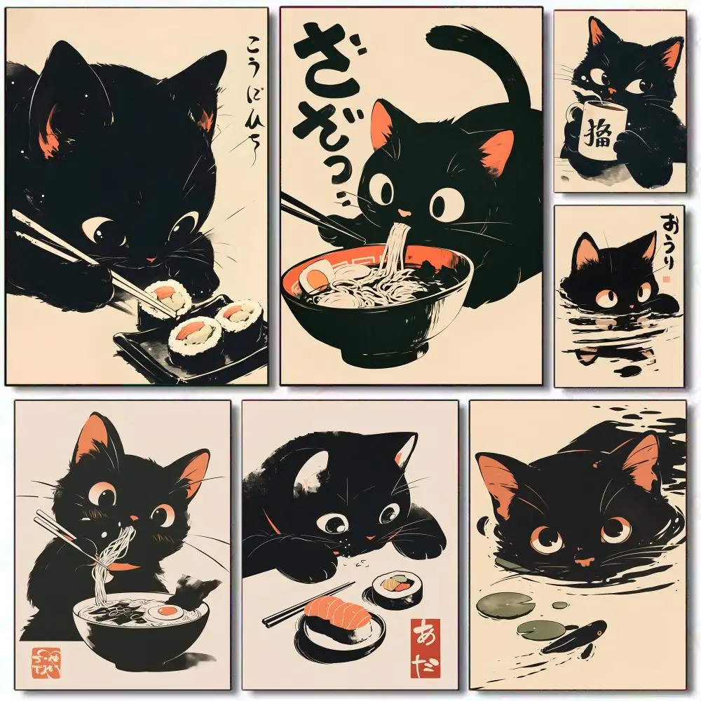 Retro Cute Black Cat Poster Holiday Gifts Decoration Designed For Home Restaurant Office Space Wall Art