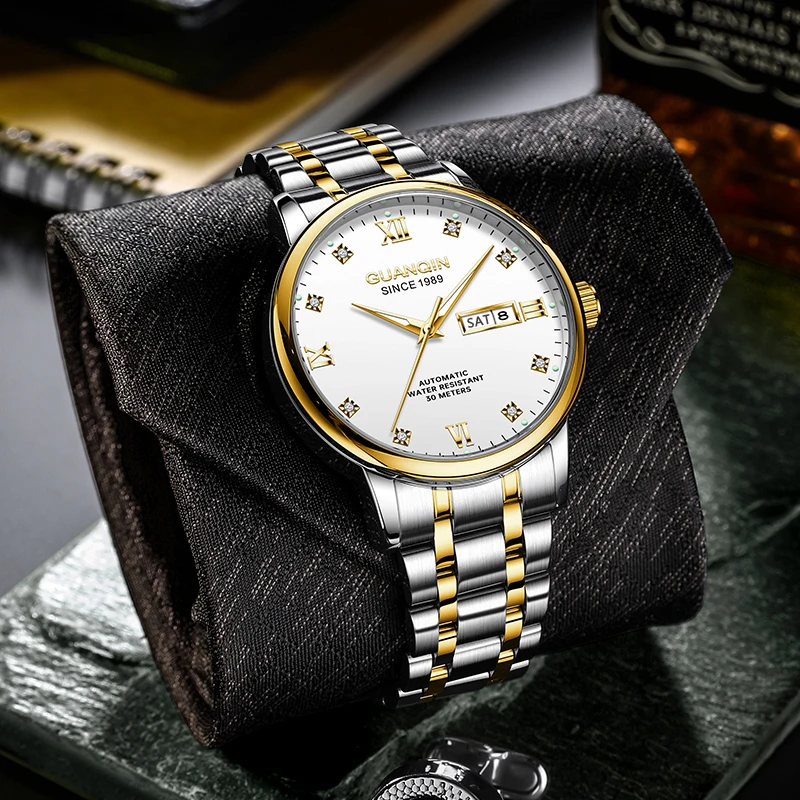 Мужские часы GUANQIN, механические часы с двойным календарем из нержавеющей стали, светящиеся водонепроницаемые мужские наручные часы для бизнеса и отдыха
