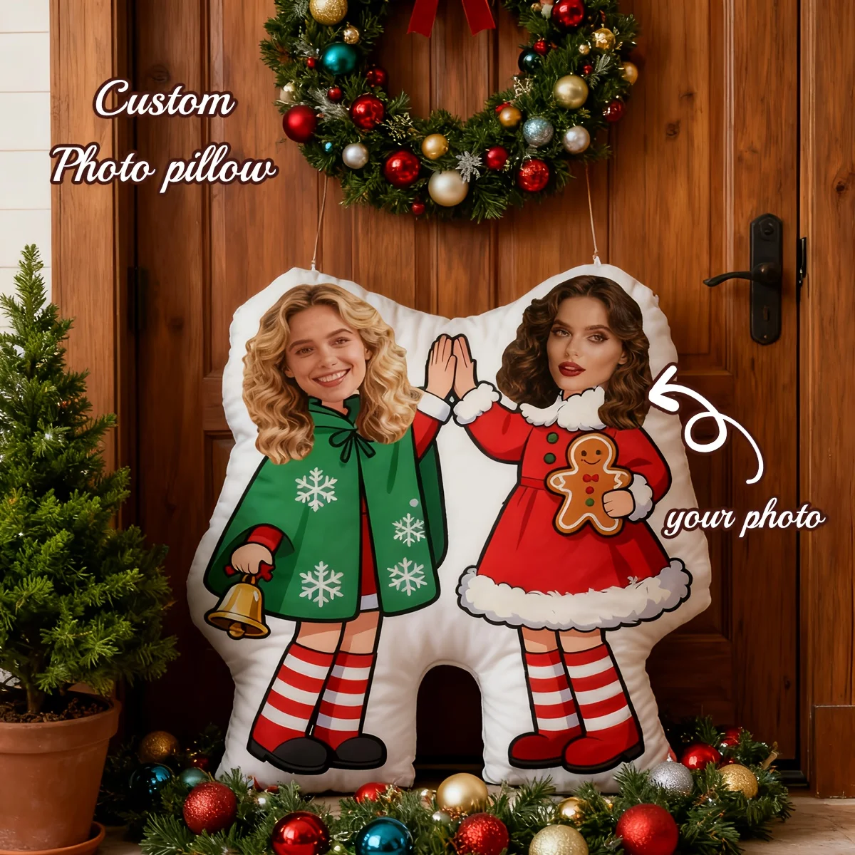 A Custom-Themed Photo Pillow, Upload Your Personalized Photo, Featuring a Red And Green Christmas Design for Couples, Suitable f