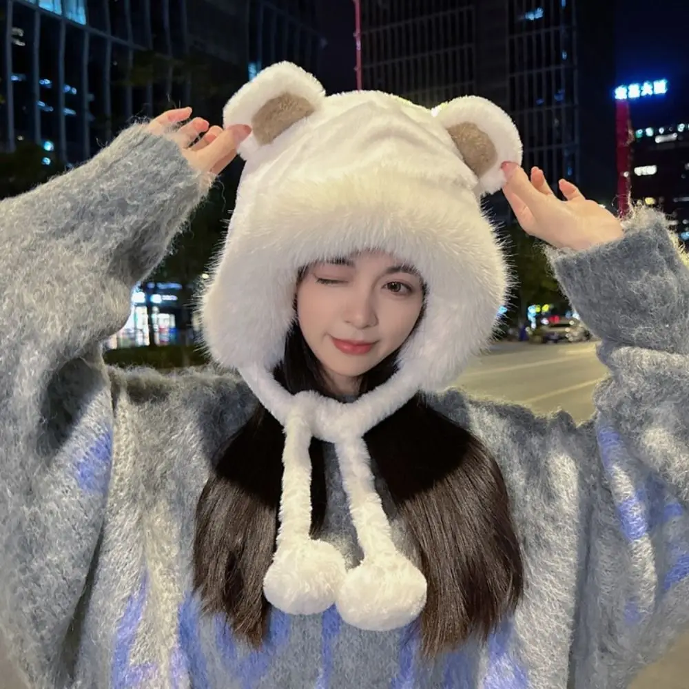 Cute Warm Winter Hat Woolen Lacing Bear Ears Hat Velvet Ear Protection Bucket Hat Women