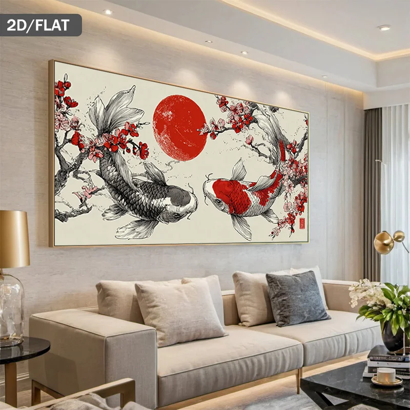 1pc frameless Canvas Painting 2D Flat Modern Koi Fish Swimming Canvas Wall Art - Frameless Abstract Cherry Blossoms Canvas Print