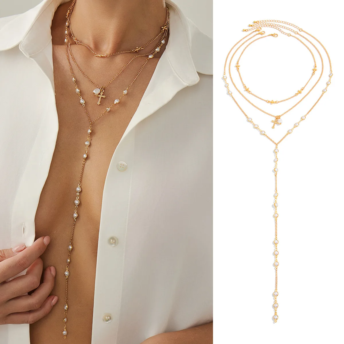 Necklace Y Shape Tassel Faux Pearl Cross Pendant with Long Adjustable Gold Tone Chain for Women Edgy Elegant Daily Party Gift