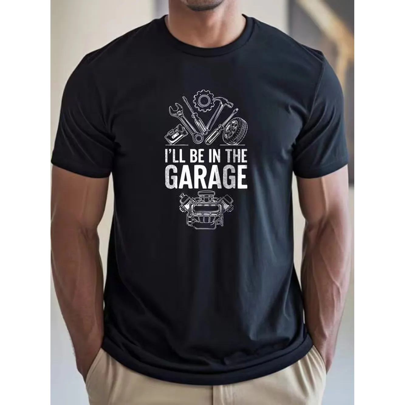 Garage Tools Mechanic Graphic Print Men Black T Shirt, Crew Neck Medium Stretch Knit Cotton Regular Fit Casual Short Sleeve Tee Top For Men Boys