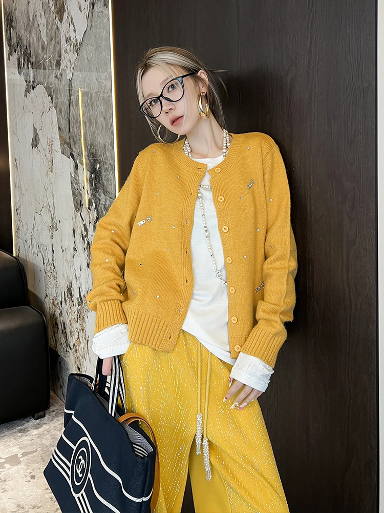 

Women's Knitted Open Cardigan round Ne Single Button Loose Heavy Du Sewn Diamond Casual Sweater Autumn Winter New Sle
