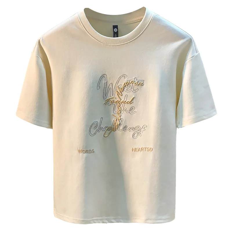 Trendy Embroidered Letter Printed Short Sleeve T-shirt for Men 2025 New Heavy Fashion Breathable Round Neck Top Clothes