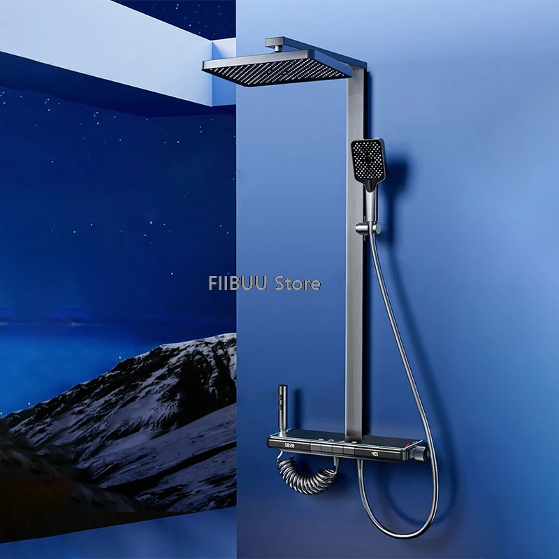 

Multi-mode Adjustable Shower System Digital Display Pressure Massage Waterfall Shower Set Hangable Showerhead Bathroom Accessory