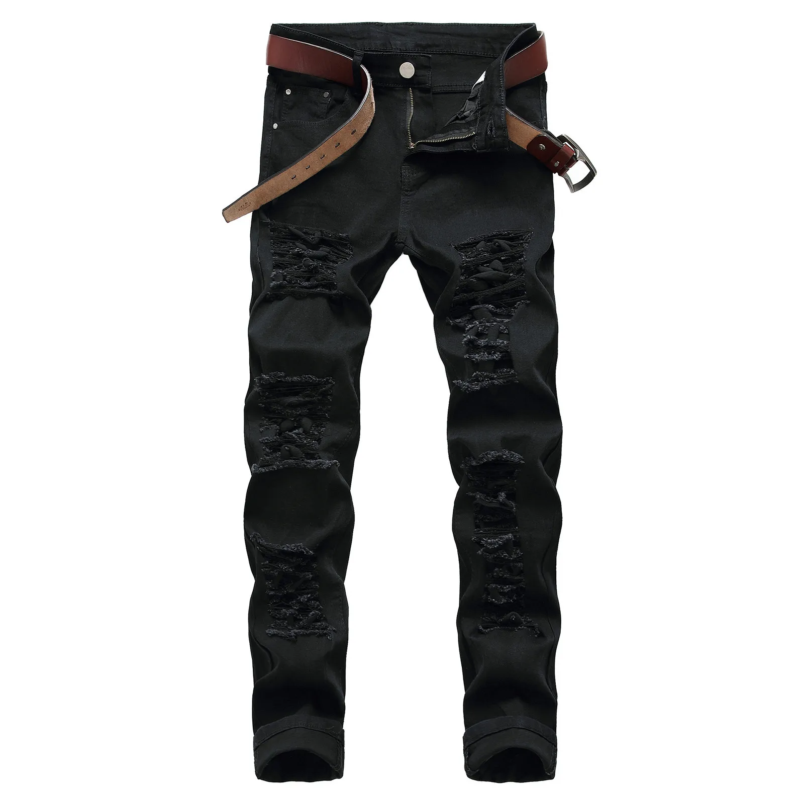 

Mens Ripped Jeans Jogging Pants Trendy Solid Color Double Pocket Denim Straight Pants Hip-Pop Streetwear Leisure Trousers