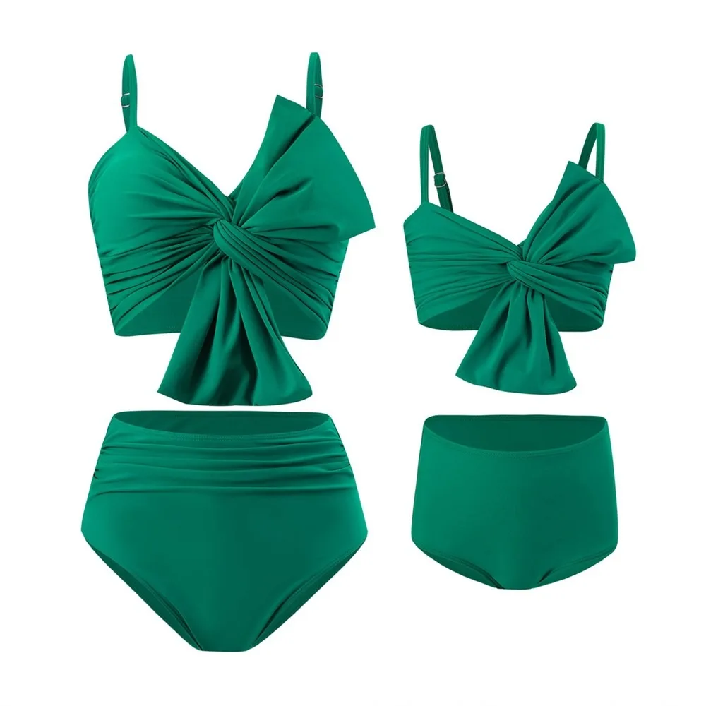Sexy Solid Bowknot Bikini Set For Women Push Up Halter Swimwear With Print Swim Trunks, Matching Mother Daughter Two Brazilian 2