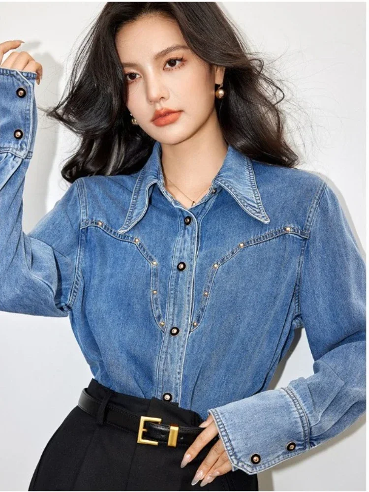 Blusa jeans de manga comprida vintage com um único peito feminino, jaqueta primavera, camisas de outono, casaco feminino do escritório, tops azuis chiques, novo