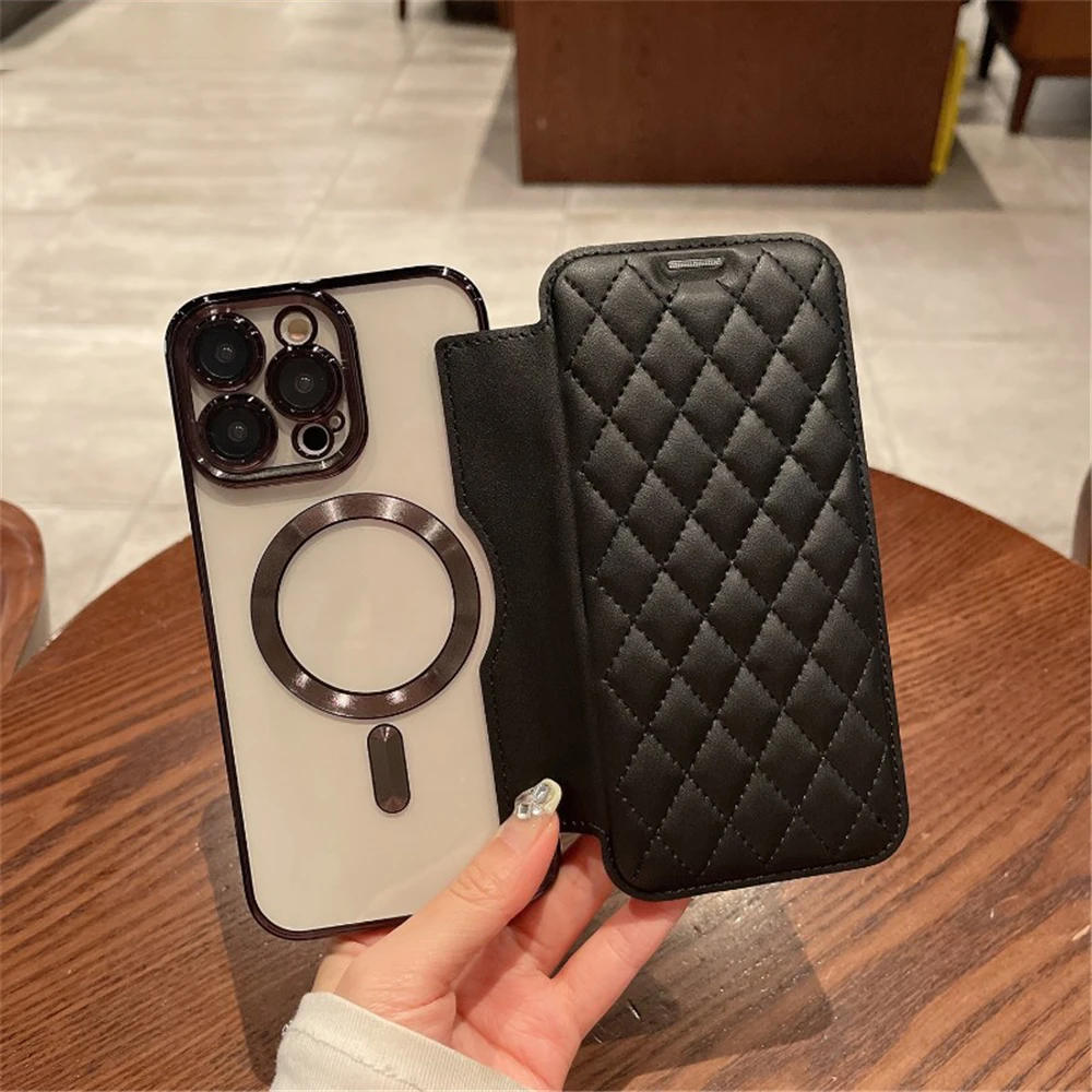 HOCE Flip Wallet Cases For iPhone 16 15 14 13 12 11 Pro Max For Magsafe Magnetic Case Leather Lattice Card Holder Phone Cover