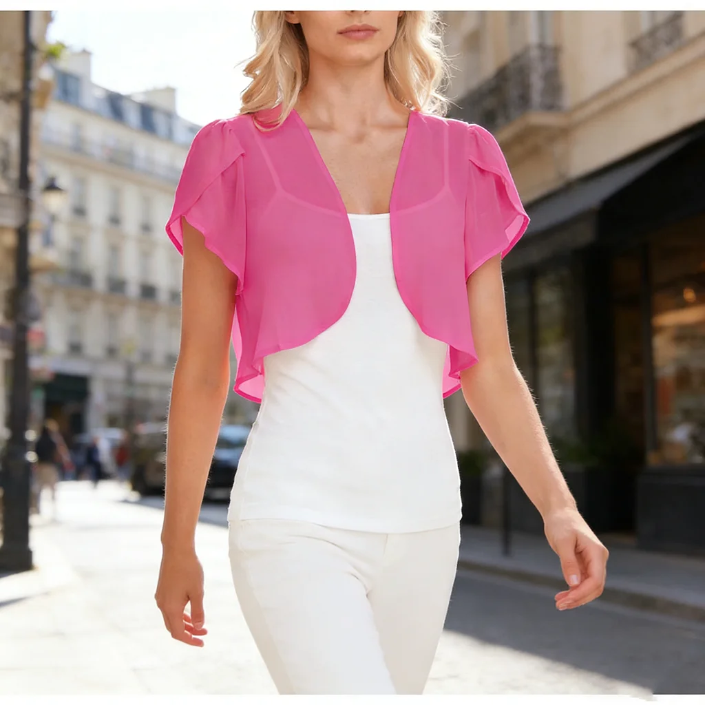 

Women's Pink Chiffon Bolero Shrug, Elegant Short Sleeve Open Front Cardigan for Summer, Lightweight Casual Cover Up