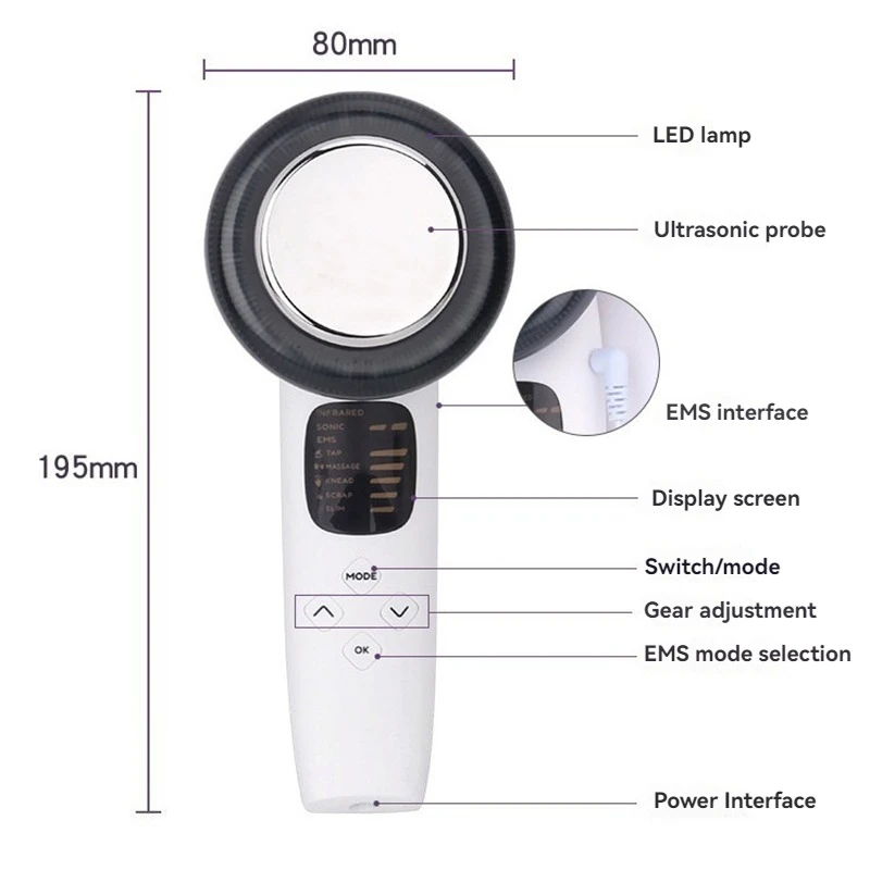 Medidor de fibra oito em um, redução de calor, ems, micro corrente, seis cores, vibração de fóton, instrumento de beleza ultrassônico
