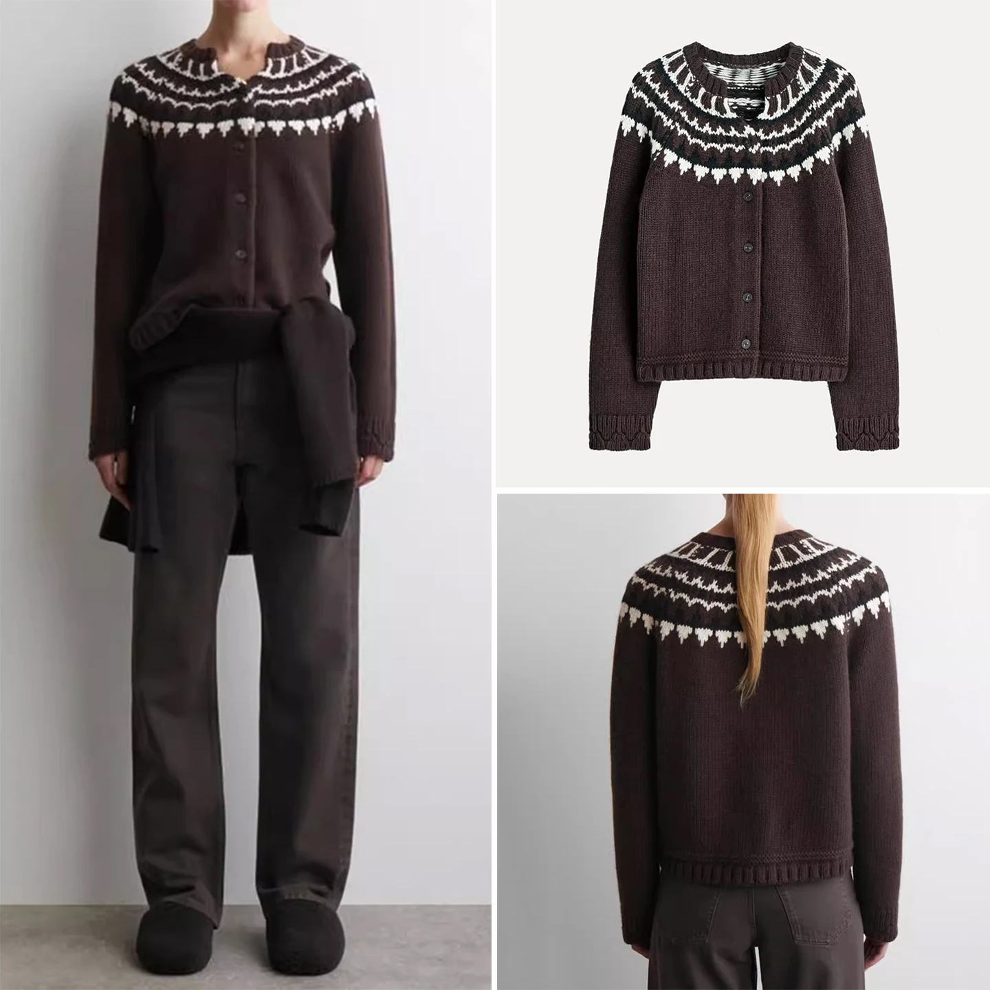 

Модный женский вязаный кардиган с круглым вырезом в стиле Fair Isle, приталенный, с длинными рукавами, с геометрическим узором, на пуговицах