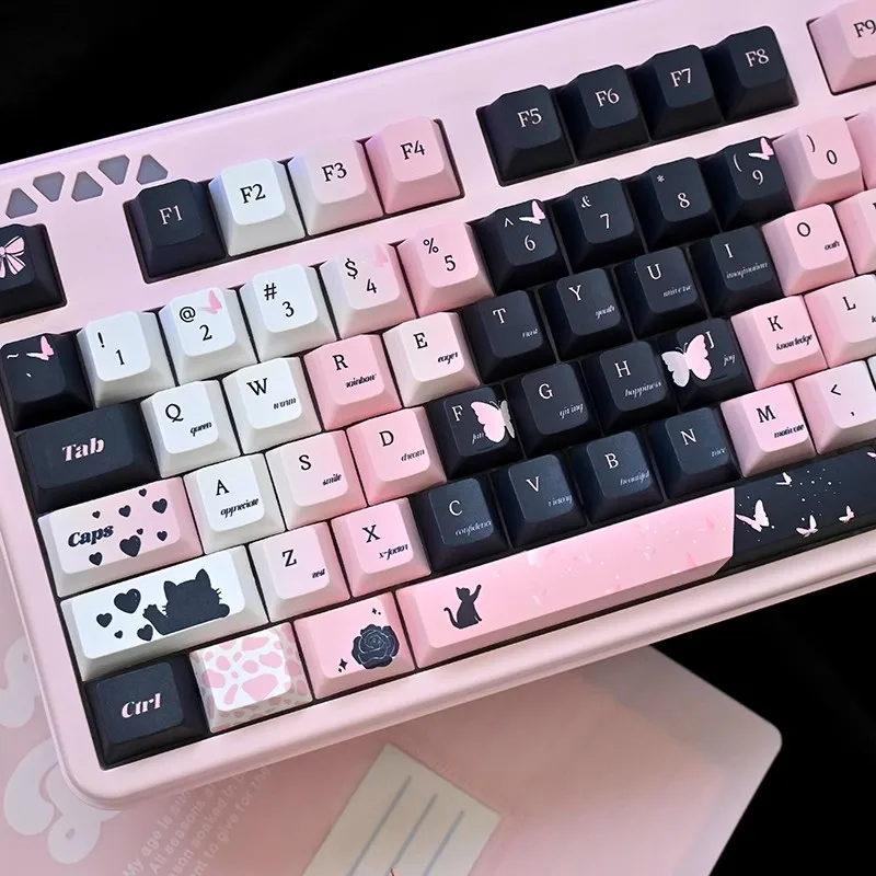 

Black Cat and Rose Theme Keycaps Set PBT Sublimation Cherry Profile Keycaps for Mechanical Keyboard Accessories Custom Key Caps