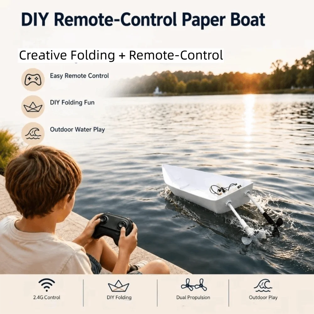 Dual Propulsion RC Paper Boat Modular Assembly Stable Play DIY Boat Kit Two-Paddle Motion Handmade Model Remote Control Boat