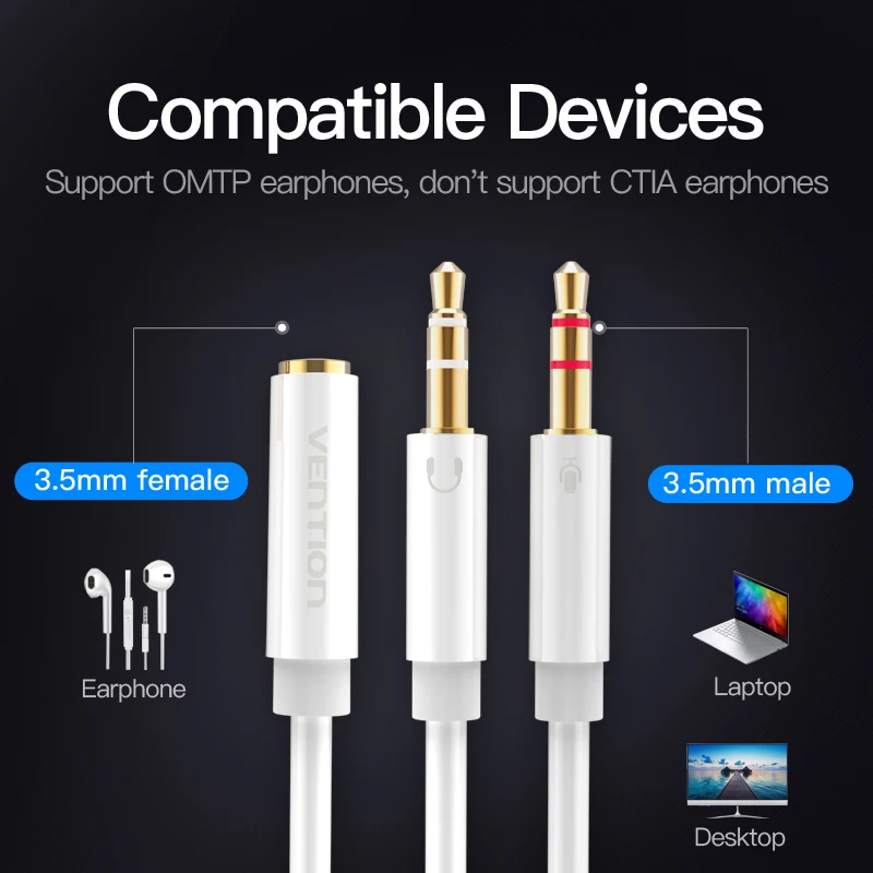 Vention Audio Extension Cable Headphone Splitter for Computer 3.5mm Female to 2 Male 3.5mm Mic Splitter Headset to PC Adapter 1m