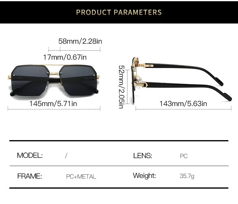 Oversize Retro Doppel Brücken Polygon Quadrat Metall Männer Sonnenbrille Mode Gradient Shades UV400 Trend Frauen Sonnenbrille – Detail 11