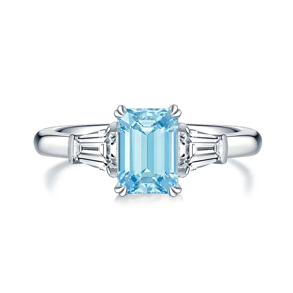 

New s925 sterling silver aquamarine ring women's fashion sugar cube diamond ring women's exquisite high-end jewelry