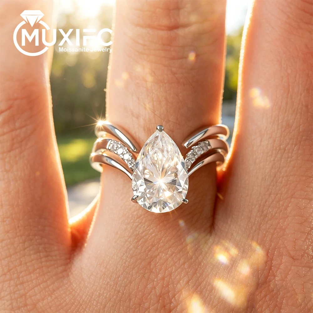 

4CT Pear Cut Full Moissanite Ring Set Certified 925 Sterling Silver for Women WaterDrop Lab Diamond Wedding Engagement Band Gift