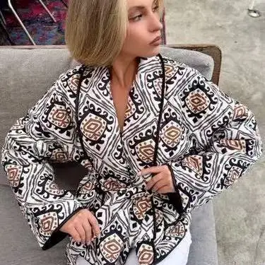 ファイオナブル クラシックプリント コットンジャケット レイジー スリーデザイン トレンディ スリミングコート 快適 ロングスリーブ Vネック レギュラーフィット