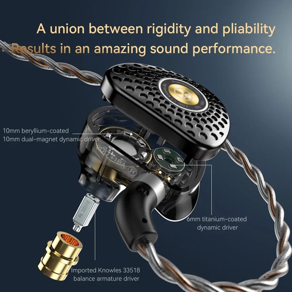 TRN TA3 Hi-FI 1BA 2DD In-ear Monitors Earphone Knowles Hybrid Beryllium-plated Dynamic HIFI Metal Running For TRN MT4 Headset