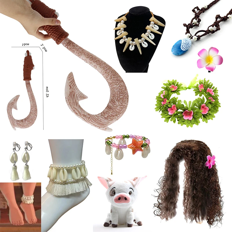 Gilrs Moana 2 Wig and Necklace Flower Clip Dress Up Set Carnival Vaiana Costume Accessories Moana Pet Pig and Cock Xmas Gift