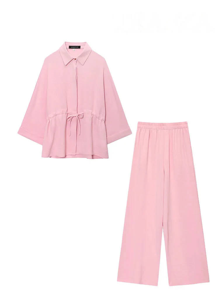 HH-Conjunto de pantalones para mujer, cinturón de cuerda con solapa a la moda, camisa decorativa de un solo pecho, Top + conjunto de pantalones de pierna ancha informales con cintura elástica