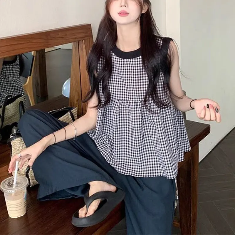 Contrasting Colors Drawstring Plaid Blouse Summer Korean Loose Women\'s Clothing Sleeveless Casual Bow All-match Round Neck Shirt