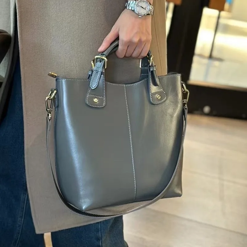 Zency 100% Genuine Leather Handbag Retro Coffee Women Casual Tote Bucket Bag Classic Black Lady Crossbody Messenger Purse Brown