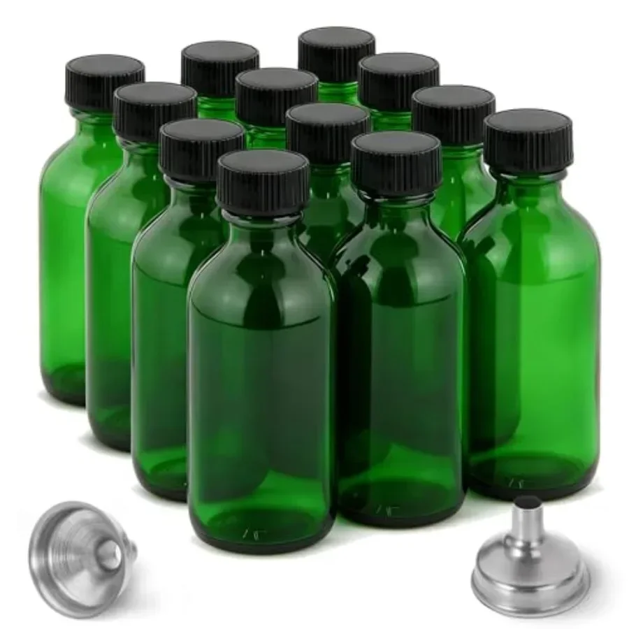 

2 oz shot bottles for juicing and potions, olive green glass with caps and stainless steel funnels, reusable 60ml small jars wi