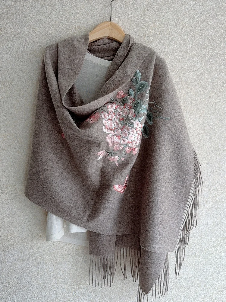 

Light Coffee Color Designer Natural Wool Scarf Long Thick Overside Warm 200x70cm Tassel Shawl Embroidered Chinese Style Ladies